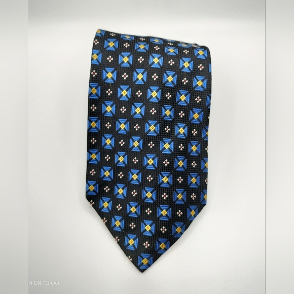 Paul Frederick Necktie Black Blue Yellow Accent Geometric Textured Men's Silk - Picture 1 of 9